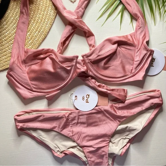 PQ Swim 👙 Rose-Gold Underwire Tie-Back Bikini TopCinched Bottoms 🏝🏄🏼‍♀️
